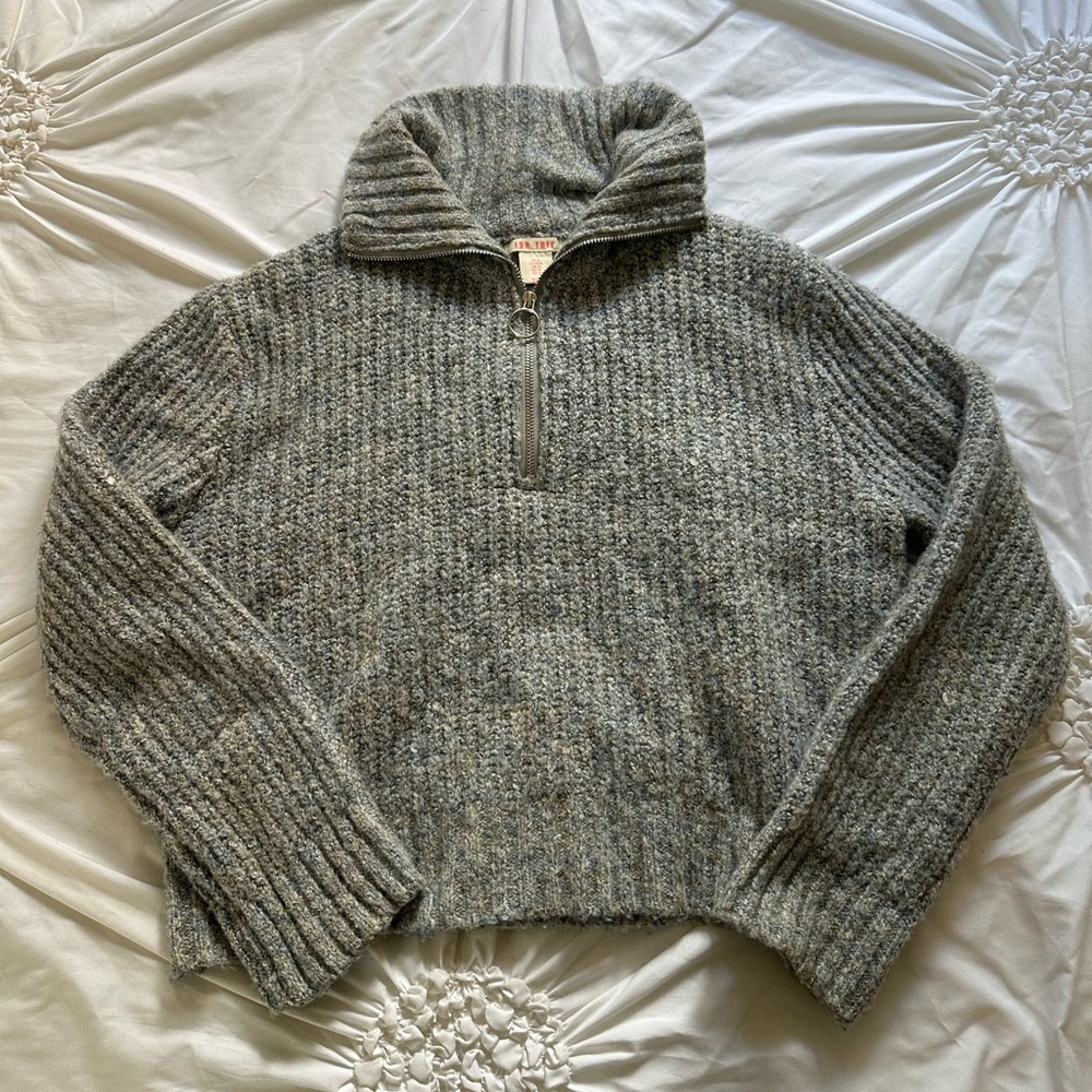 Blueish gray sweater, quarter zip turtle neck, warm